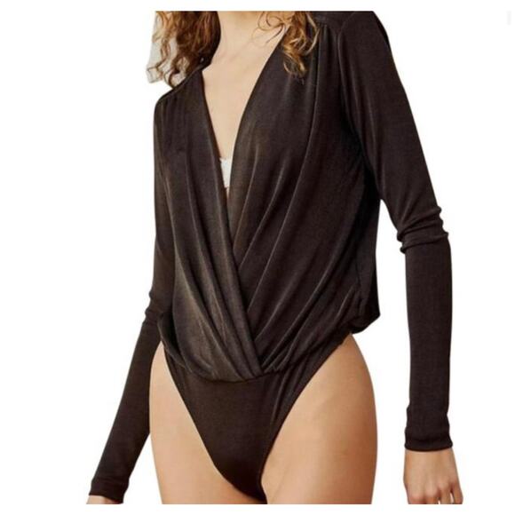 Free People Long Sleeve Front Wrap Plunging Neck Bodysuit - Picture 2 of 5